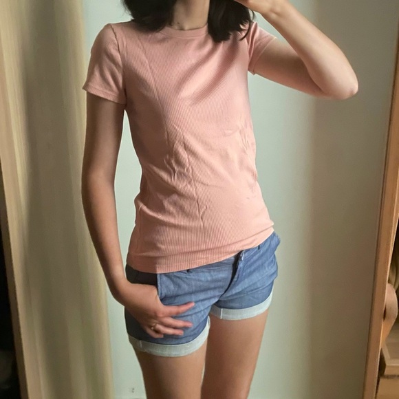 UNIQLO PINK RIBBED SHORT SLEEVES TEE - S - Picture 1 of 10
